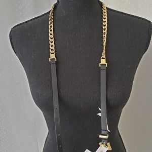 Thin Black leather and gold chain belt